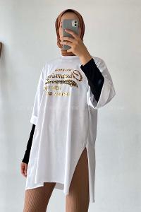 Modalamelif Champing Yazılı Yan Yırtmaçlı Oversize T-Shirt Beyaz