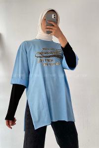 Modalamelif Champing Yazılı Yan Yırtmaçlı Oversize T-Shirt Mavi