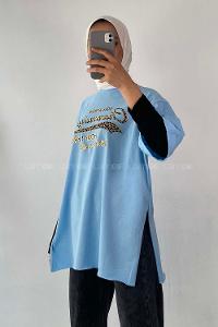 Modalamelif Champing Yazılı Yan Yırtmaçlı Oversize T-Shirt Mavi