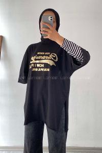 Modalamelif Champing Yazılı Yan Yırtmaçlı Oversize T-Shirt Siyah