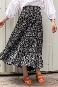 Modalamelif Çiçek Desenli Eteği Fırfır Detaylı Etek Siyah