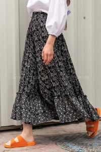 Modalamelif Çiçek Desenli Eteği Fırfır Detaylı Etek Siyah