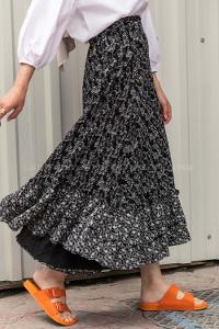 Modalamelif Çiçek Desenli Eteği Fırfır Detaylı Etek Siyah
