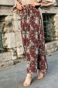 Modalamelif Çiçek Desenli Etek Acı Kahve