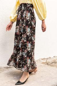 Modalamelif Çiçek Desenli Etek Siyah