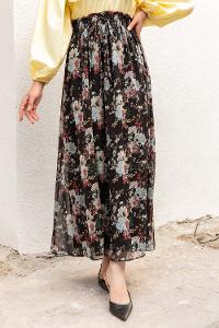 Modalamelif Çiçek Desenli Etek Siyah