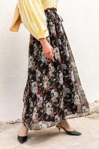 Modalamelif Çiçek Desenli Etek Siyah