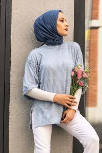 Modalamelif Çizgili Yırtmaçlı Uzun Tunik Açık Mavi