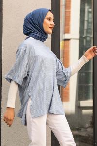 Modalamelif Çizgili Yırtmaçlı Uzun Tunik Açık Mavi