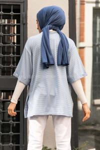 Modalamelif Çizgili Yırtmaçlı Uzun Tunik Açık Mavi