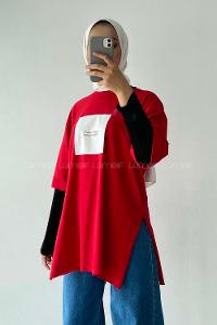 Modalamelif Don t Waste Yazılı Yan Yırtmaçlı Oversize T-Shirt Kırmızı