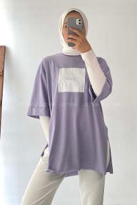 Modalamelif Don t Waste Yazılı Yan Yırtmaçlı Oversize T-Shirt Lila