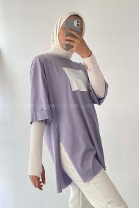 Modalamelif Don t Waste Yazılı Yan Yırtmaçlı Oversize T-Shirt Lila