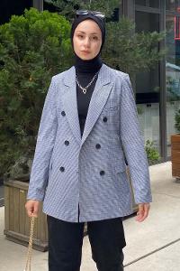 Modalamelif Düğme Detaylı Pötikare Blazer Ceket  Lacivert