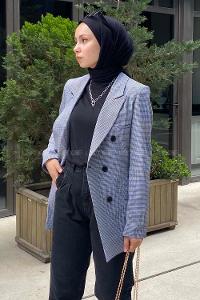 Modalamelif Düğme Detaylı Pötikare Blazer Ceket  Lacivert