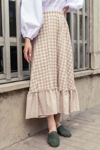 Modalamelif Ekose Desenli Eteği Fırfır Detaylı Etek Sütlü Kahve