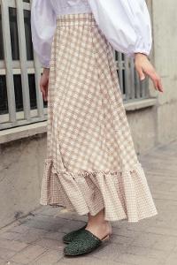 Modalamelif Ekose Desenli Eteği Fırfır Detaylı Etek Sütlü Kahve