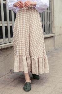 Modalamelif Ekose Desenli Eteği Fırfır Detaylı Etek Sütlü Kahve