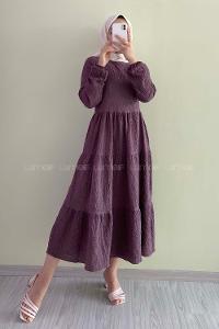 Modalamelif Eteği Fırfırlı Kolu Lastikli Gofre Elbise  Mürdüm