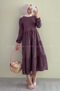 Modalamelif Eteği Fırfırlı Kolu Lastikli Gofre Elbise  Mürdüm