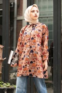 Modalamelif Etnik Desen Baskılı Gömlek Soft Kahve