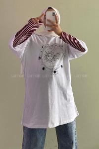 Modalamelif Güneş  Baskılı Oversize T-Shirt  Beyaz