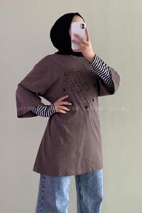 Modalamelif Güneş Baskılı Oversize T-Shirt  Kahverengi