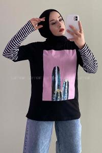 Modalamelif Kaktüs BaskılI Oversize T-Shirt Siyah