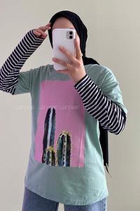 Modalamelif Kaktüs BaskılI Oversize T-Shirt  Su Yeşili