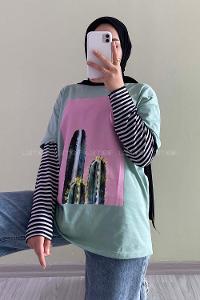 Modalamelif Kaktüs BaskılI Oversize T-Shirt  Su Yeşili