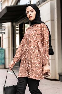 Modalamelif Kalp Desen Baskılı Gömlek Taba