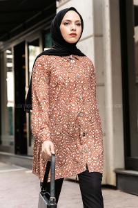 Modalamelif Kalp Desen Baskılı Gömlek Taba