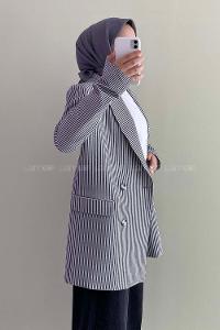 Modalamelif Kapak Cep Detaylı Çizgili Düğmeli Ceket Siyah