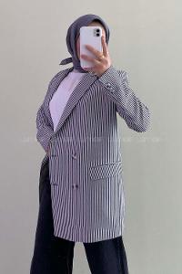 Modalamelif Kapak Cep Detaylı Çizgili Düğmeli Ceket Siyah