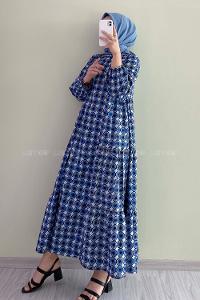 Modalamelif Kol Lastikli Desenli Elbise İndigo