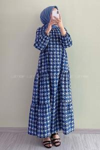 Modalamelif Kol Lastikli Desenli Elbise İndigo