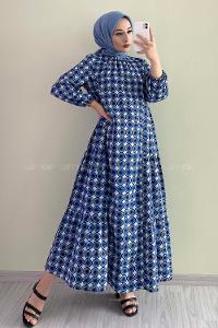 Modalamelif Kol Lastikli Desenli Elbise İndigo