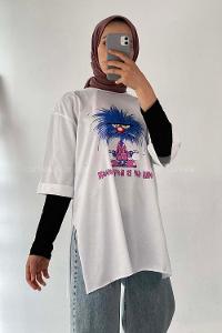 Modalamelif One Cup Is Yazılı Baskılı Oversize T-Shirt Beyaz