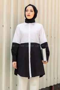 Modalamelif Önü Boydan Düğmeli Renk Garnili Gömlek Siyah