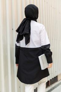 Modalamelif Önü Boydan Düğmeli Renk Garnili Gömlek Siyah