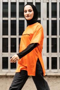 Modalamelif Önü Champion Nakışlı Bisiklet Yaka T-Shirt Oranj