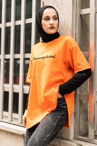 Modalamelif Önü Champion Nakışlı Bisiklet Yaka T-Shirt Oranj