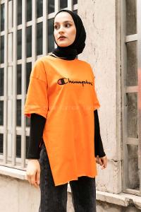 Modalamelif Önü Champion Nakışlı Bisiklet Yaka T-Shirt Oranj