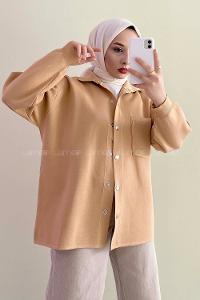 Modalamelif Önü Çıt Çıt Düğmeli Tek Cep Detaylı Hırka Camel