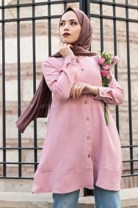 Modalamelif Önü Düğmeli Ayrobin Gömlek Pudra