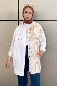 Modalamelif Önü Düğmeli Etnik Desen Ceket Garnili Ekru-Bej