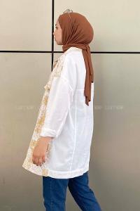 Modalamelif Önü Düğmeli Etnik Desen Ceket Garnili Ekru-Bej