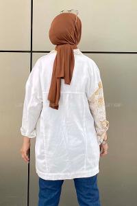 Modalamelif Önü Düğmeli Etnik Desen Ceket Garnili Ekru-Bej