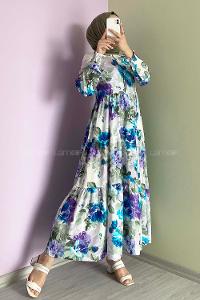 Modalamelif Önü Gizli Yarım Düğmeli Çiçekli Fırfır Detaylı İndigo