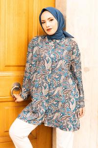 Modalamelif Şal Desen Baskılı Gömlek Mavi